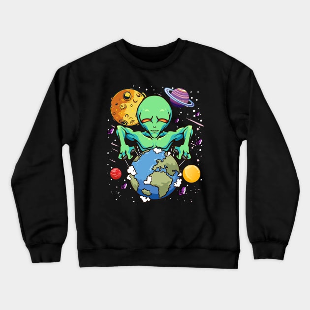 Space Day Alien Puppeteer Shifting Earth Planets Stars SciFi Crewneck Sweatshirt by Alinutzi